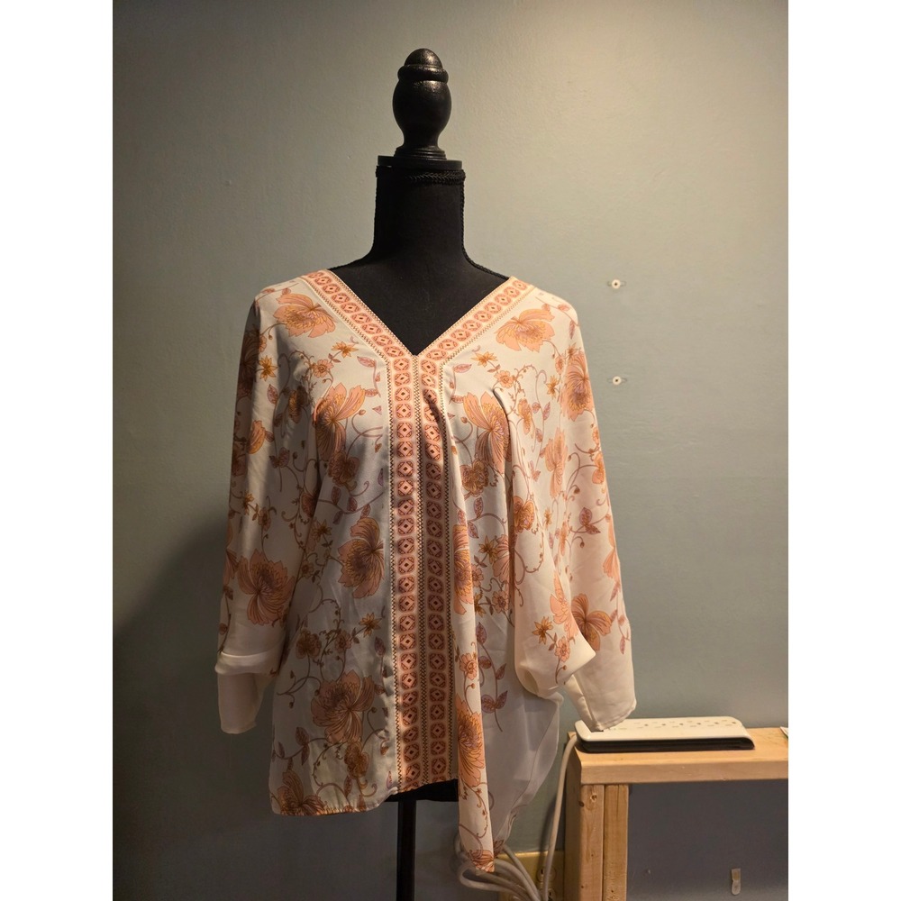 Rose + Olive Floral Kimono Blouse Cream Peach Boho V-Neck Dolman Sleeve Small